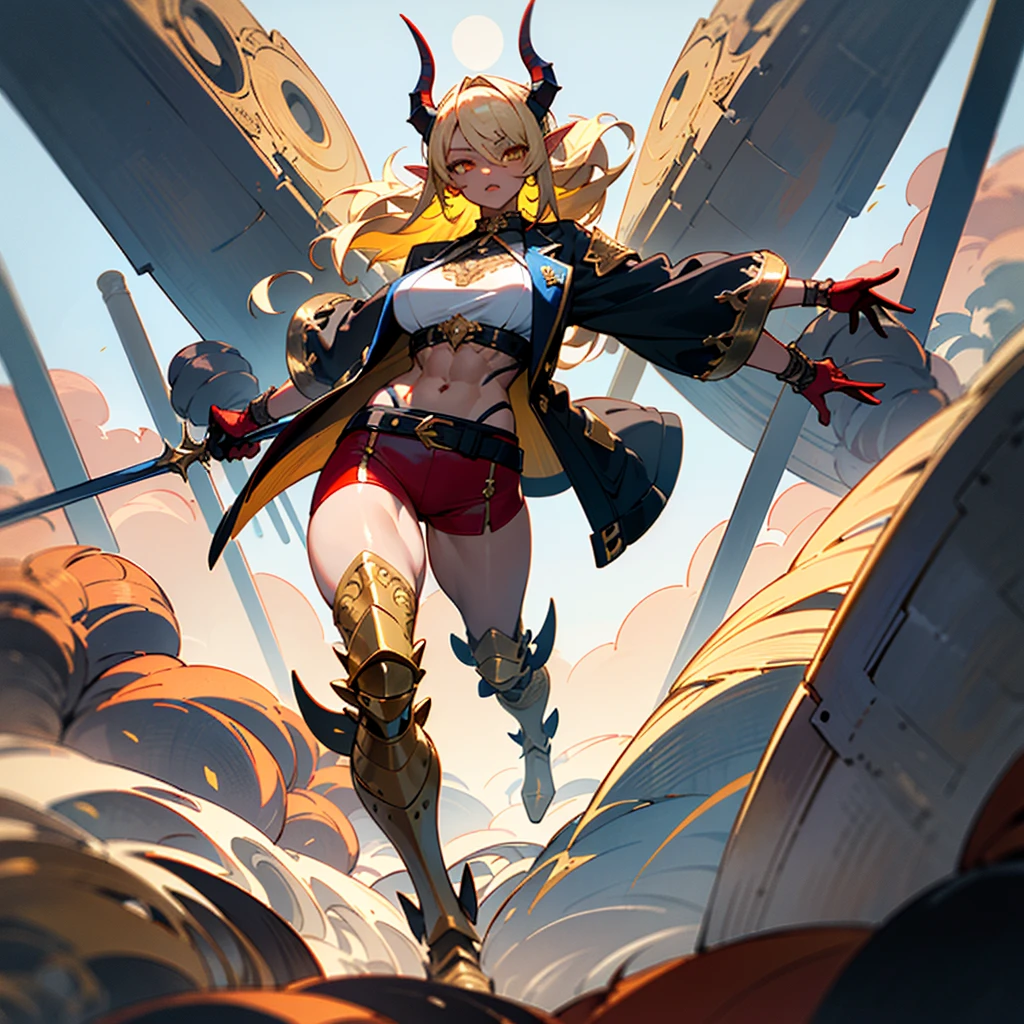 Demon warrior

((best quality)), ((masterpiece)), (detailed), 1girl, 8k_wallpaper, extremely detailed eyes, extremely detailed body, (large masterpiece digital art), ((perfect anatomy huge chest)), (intricate details:1.3 ), (ultra-detailed:1.3), (sharp focus:1.3), (natural lighting:1.05), (vivid colors:1.3), (best quality:1.4), high quality, expressive eyes, full body, tall girl, detailed face, beautiful face, perfect face, detailed ((blonde hair)), (gold eyes), ((large big red and blue horns)), {{dark skin}}, ({dark skinned female}), gigantic breasts, thick thighs, strong arm and leg muscles, strong abdominal muscles, Monster women, Korean women, wearing a modern short black cloth jacket with rolled up sleeves, (wearing heavy gold colored steel armor), a wide red leather belt with blue steel yarn, steel boots, steel thigh guards, running under by the light of the moon through the forest with long daggers in hands against a background of blooming flowers and grass with tall trees, market Street, market street, elves selling parts of various monsters and animals, eastern elven market, a modern elven city built in elven ancient traditions with modern technologies and ancient fantasy architecture, ((best quality)), (detailed), 8k_wallpaper, extremely detailed homes, extremely detailed homes, (large masterpiece digital art), (intricate details:1.3 ), (ultra-detailed:1.3), (sharp focus:1.3),