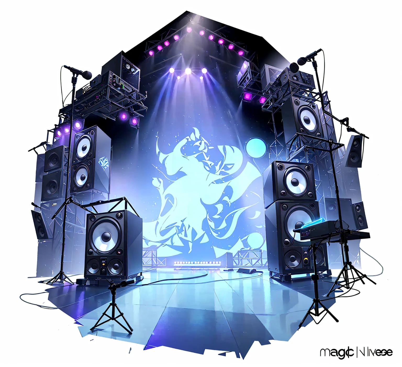 There are many speakers and microphones arranged in a circle，There is another lamp, elaborate stage effects, stage background, music show, Nightclub Background, stage at a club, dance music show, Magic music, dj rave , stage, dj set, dj, Virtual Scene, on rock concert stage, Technology , Airbrush Fantasy 80s, Wonderful technology , Carnival Background