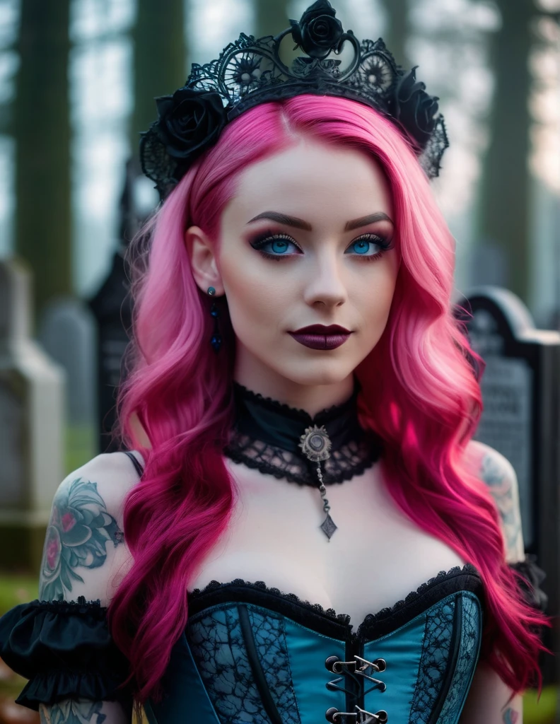 very attractive 25 year old female with long bright pink hair, Cinematic film still, 1girl, new gothic gal, tattooed, crocheted, 25yo, pale skin, innocent smile, ((lips pierced)), latex corset, ((detailed face)), (detailed skin), moist, intricate details, shallow depth of field, background creepy victorian age cemetery [volumetric fog], cinematic lighting, reflections, photographed on a Canon EOS R5, 50mm lens, F/2.8, HDR, 8k resolution, full body, blue eyes