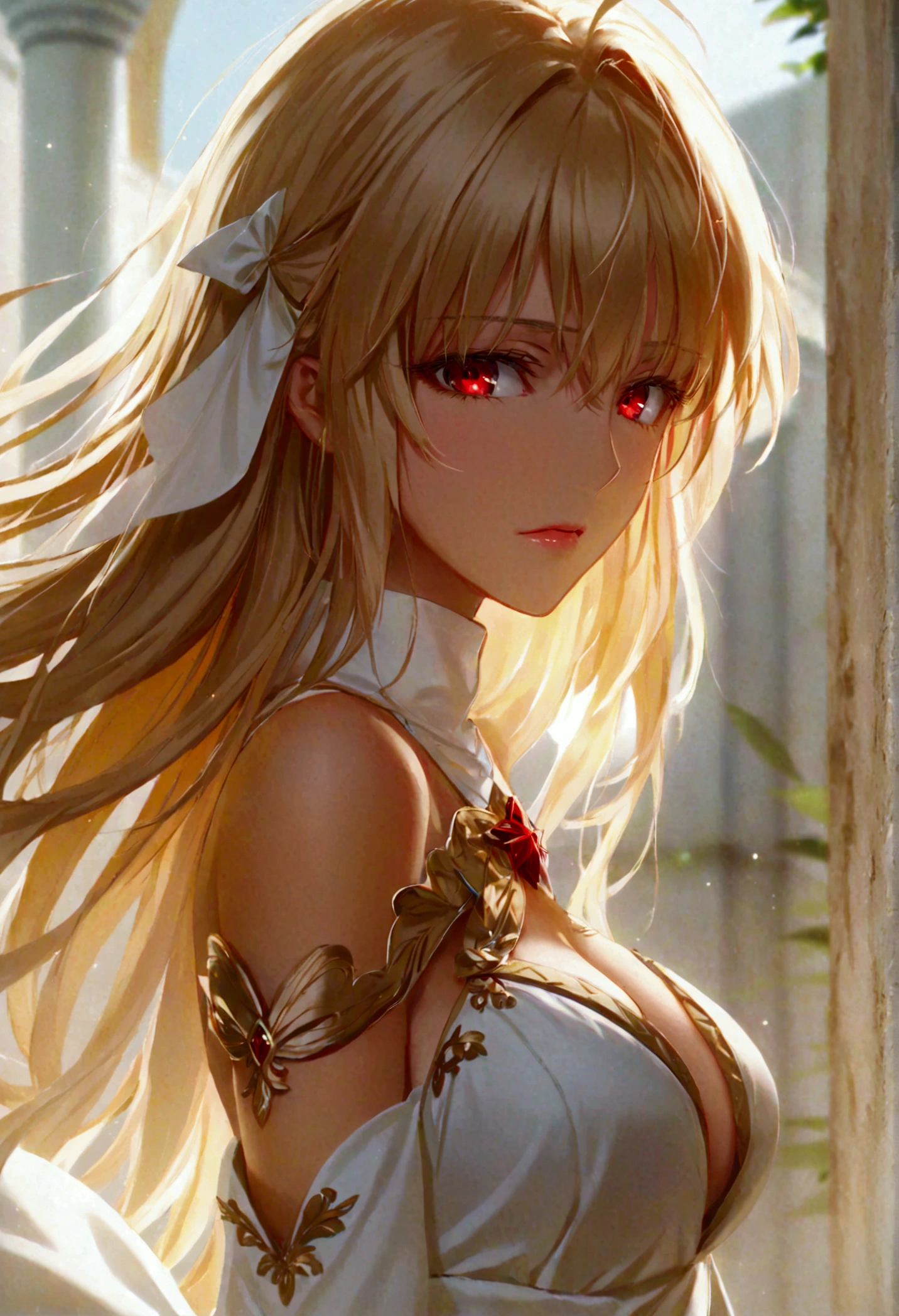 an anime style illustration of a woman with flowing blonde hair in a white dress, arcueid brunestud, 1girl, breasts, red eyes, long hair, solo, blonde hair, bare shoulders, cleavage, gloves, dress, bangs, detached collar, detached sleeves, large breasts, looking at viewer, long skirt, very long hair, strapless, arcueid