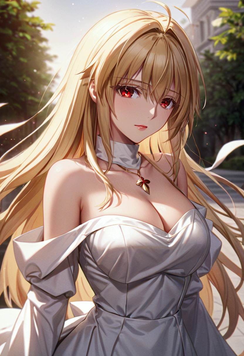 an anime style illustration of a woman with flowing blonde hair in a white dress, arcueid brunestud, 1girl, breasts, red eyes, long hair, solo, blonde hair, bare shoulders, cleavage, gloves, dress, bangs, detached collar, detached sleeves, large breasts, looking at viewer, long skirt, very long hair, strapless, arcueid