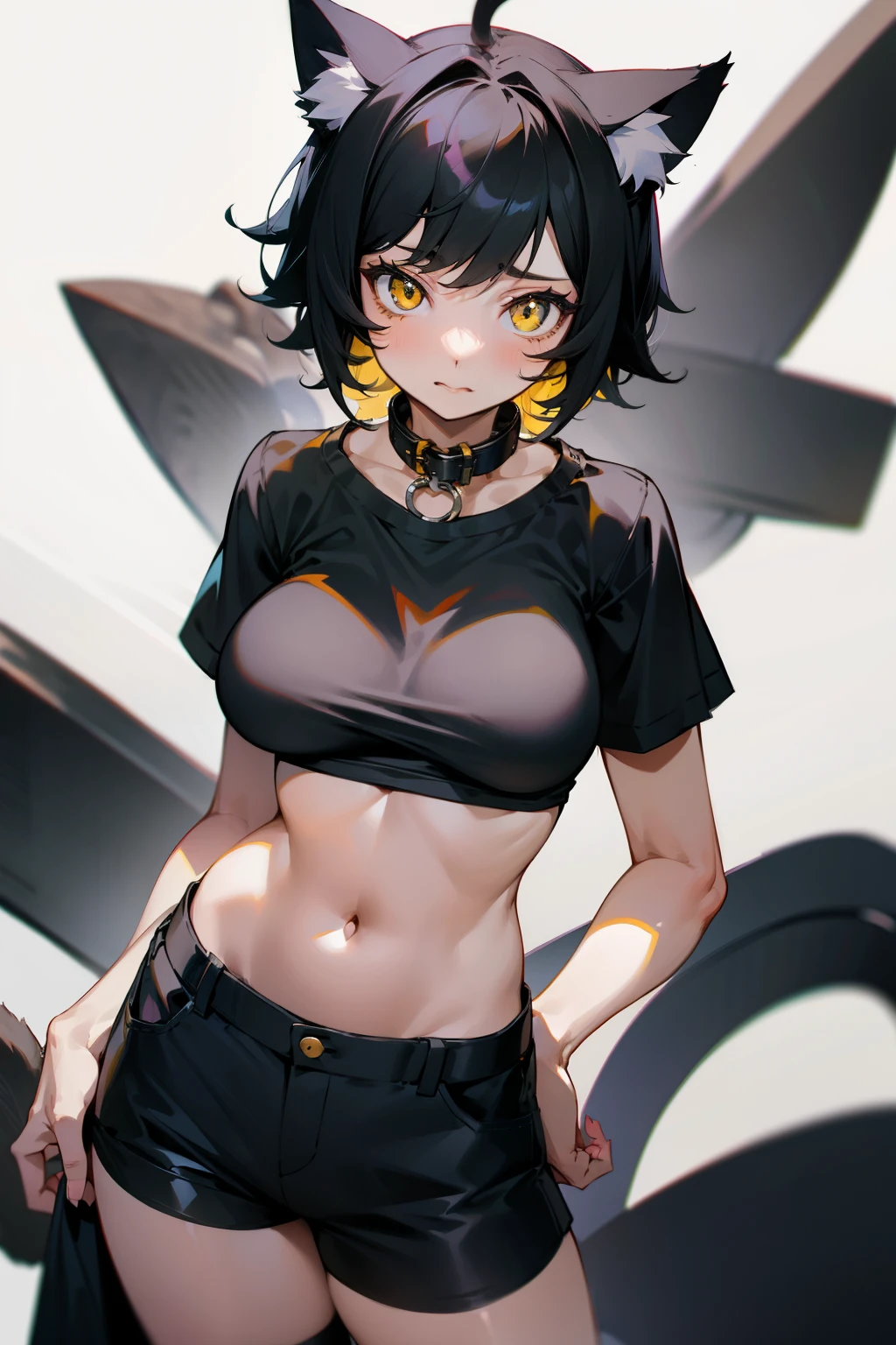 Cute girl, short black hair, yellow eyes, scared, big breasts, exposed stomach, short pants, black clothes, cat ears, collar, cat tail, 