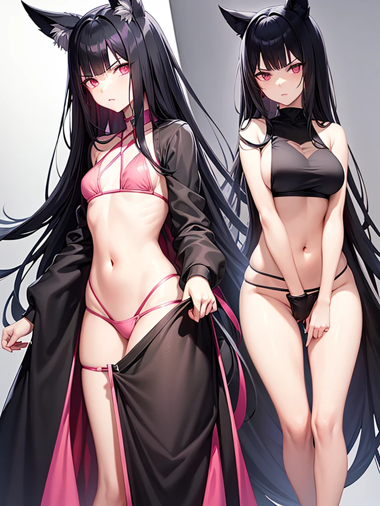 Tall girl with black hair, eyes the color of honey, fine pink eyes, arrogant expression, simple anime style, thin face, transparent pink bikini