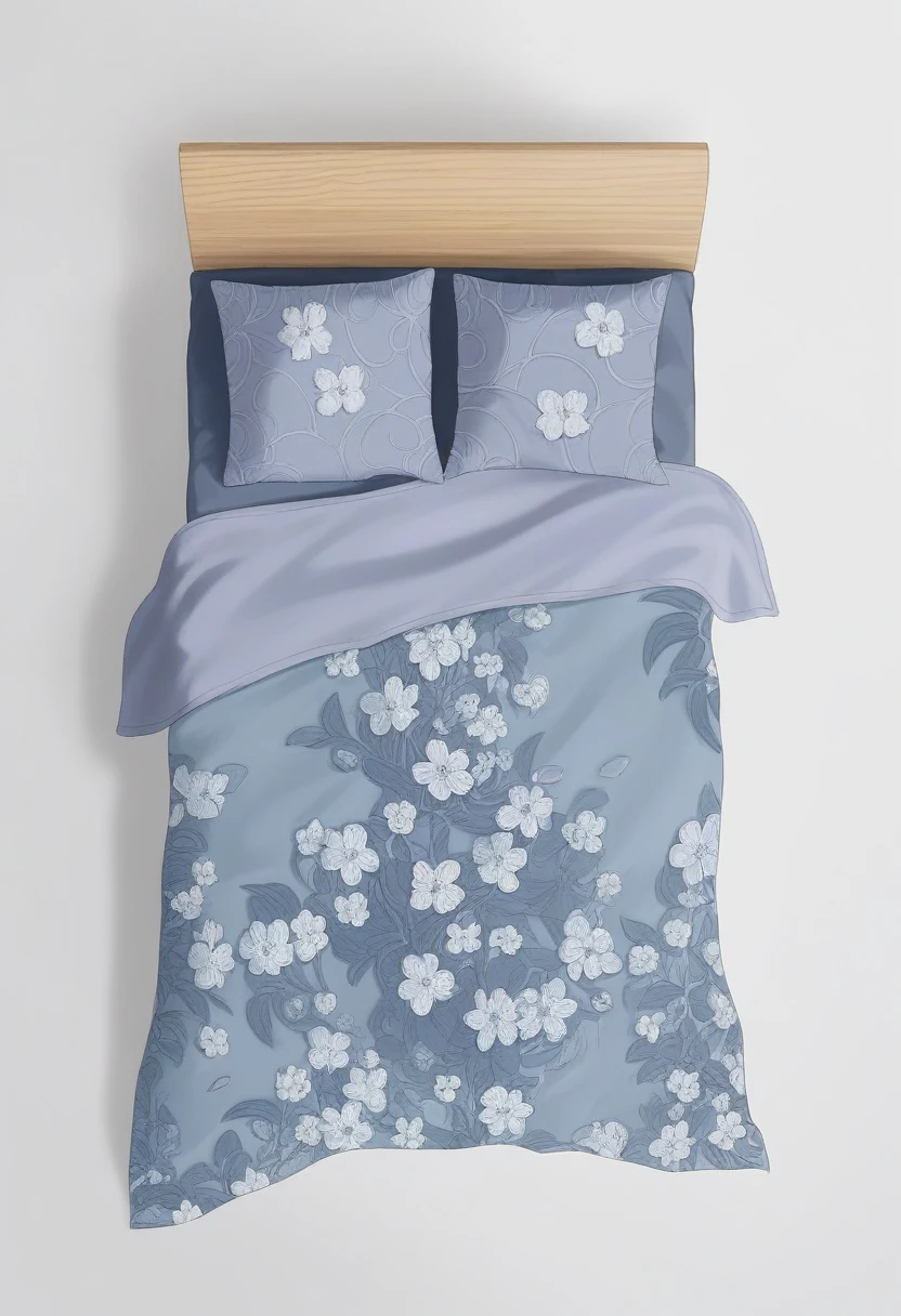 Close-up of the bed，There is a purple quilt and a blue pillow on it。, Flower Dream, The above points, With 3D rendering, With 3D rendering, Designed for comfort and aesthetics!, Good light blocking properties, grace, Floral Pattern, [ Top view ]!!, Overhead shot, Surreal, blue realistic 3 d render, Delicate floral details