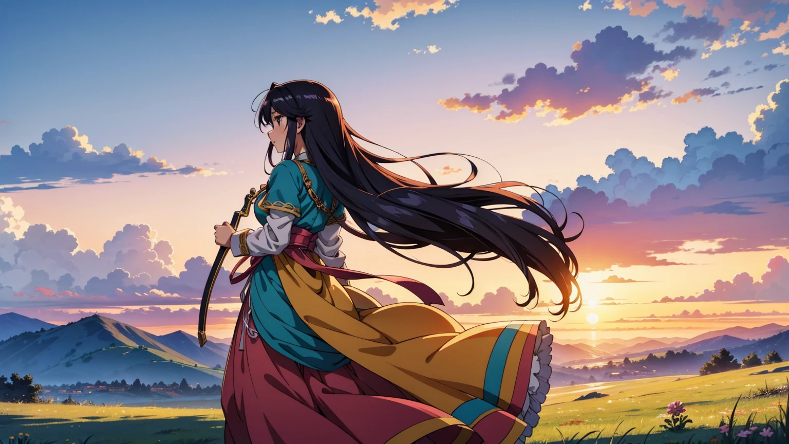 A 16:9 anime-style illustration depicting a female bard on her journey at sunset. The bard is dressed in flowing, colorful attire, with a musical instrument, such as a lute or harp, slung over her back. She is walking along a path through a vast grassland, with the warm glow of the setting sun casting long shadows. The wind is gently blowing, causing her hair and clothes to flutter. The background features rolling hills, distant mountains, and a sky painted with vibrant hues of orange, pink, and purple. The atmosphere is serene and full of adventure.