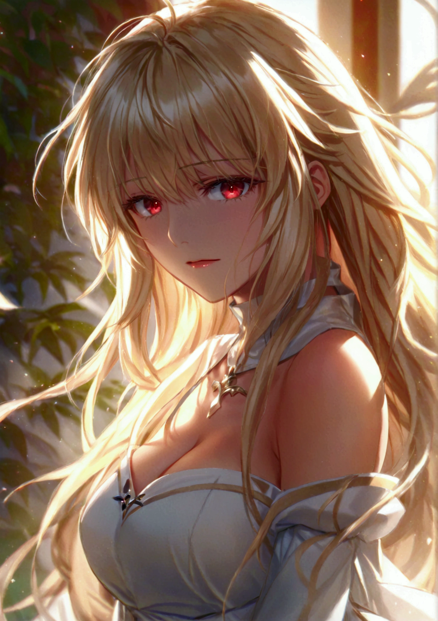 an anime style illustration of a woman with flowing blonde hair in a white dress, arcueid brunestud, 1girl, breasts, red eyes, long hair, solo, blonde hair, bare shoulders, cleavage, gloves, dress, bangs, detached collar, detached sleeves, large breasts, looking at viewer, long skirt, very long hair, strapless, arcueid