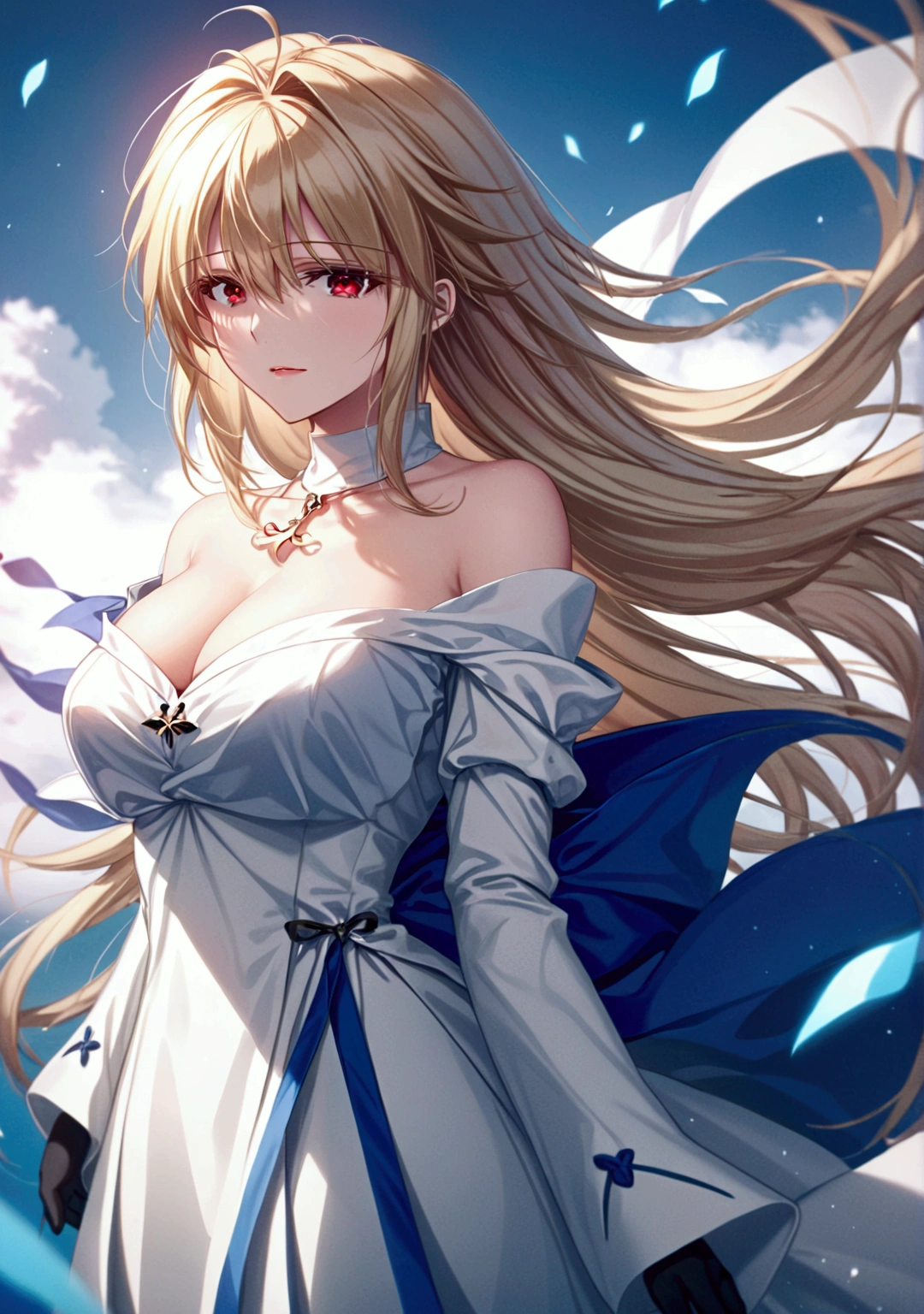 an anime style illustration of a woman with flowing blonde hair in a white dress, arcueid brunestud, 1girl, breasts, red eyes, long hair, solo, blonde hair, bare shoulders, cleavage, gloves, dress, bangs, detached collar, detached sleeves, large breasts, looking at viewer, long skirt, very long hair, strapless, arcueid