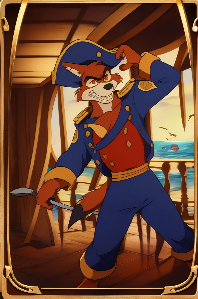 (((image designed as poker card))) ((Jack of Spades)) - (((Don Karnage))): Barefoot furry character, furry male, plantigrade, Card Elements: The (((spade symbol))) is prominently displayed, with Don Karnage wielding a cutlass. The border of card is adorned with (((spade patterns))) and (((letter "J"))). Don Karnage, the swashbuckling red wolf pirate from "TaleSpin." He has reddish fur, sharp red eyes, and a lean, agile build. Don Karnage is dressed in a blue captain's military uniform with red and gold accents, light blue pants and tricorn hat. The background features a pirate ship with spade-shaped sails and a stormy sea. BREAK, masterpiece, ((detailed background)), ((dynamic background)), 8K, (masterpiece:1.5), intricate details, highly detailed, extreme detail, octane render, unreal engine, anime art, best quality, highres, (detailed face:1.5), ((full_body)), UHD, (((perfect hands))), low light
