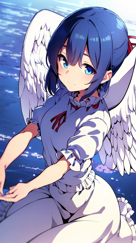 (best quality,4k,8k,highres,masterpiece:1.2), ultra-detailed, highly detailed texture, intricate details, A cute teenage angel with blue eyes, drawn in anime style, 1girl, , , 10 years old, medium blue hair, hair flaps, pink ribbon on head, well-formed face, blue eyes, angel girl, white blouse, puffy short sleeves, red ribbon, angel wings, long white skirt, red shoes, frills, ribbon head, A pair of angel wings on the back