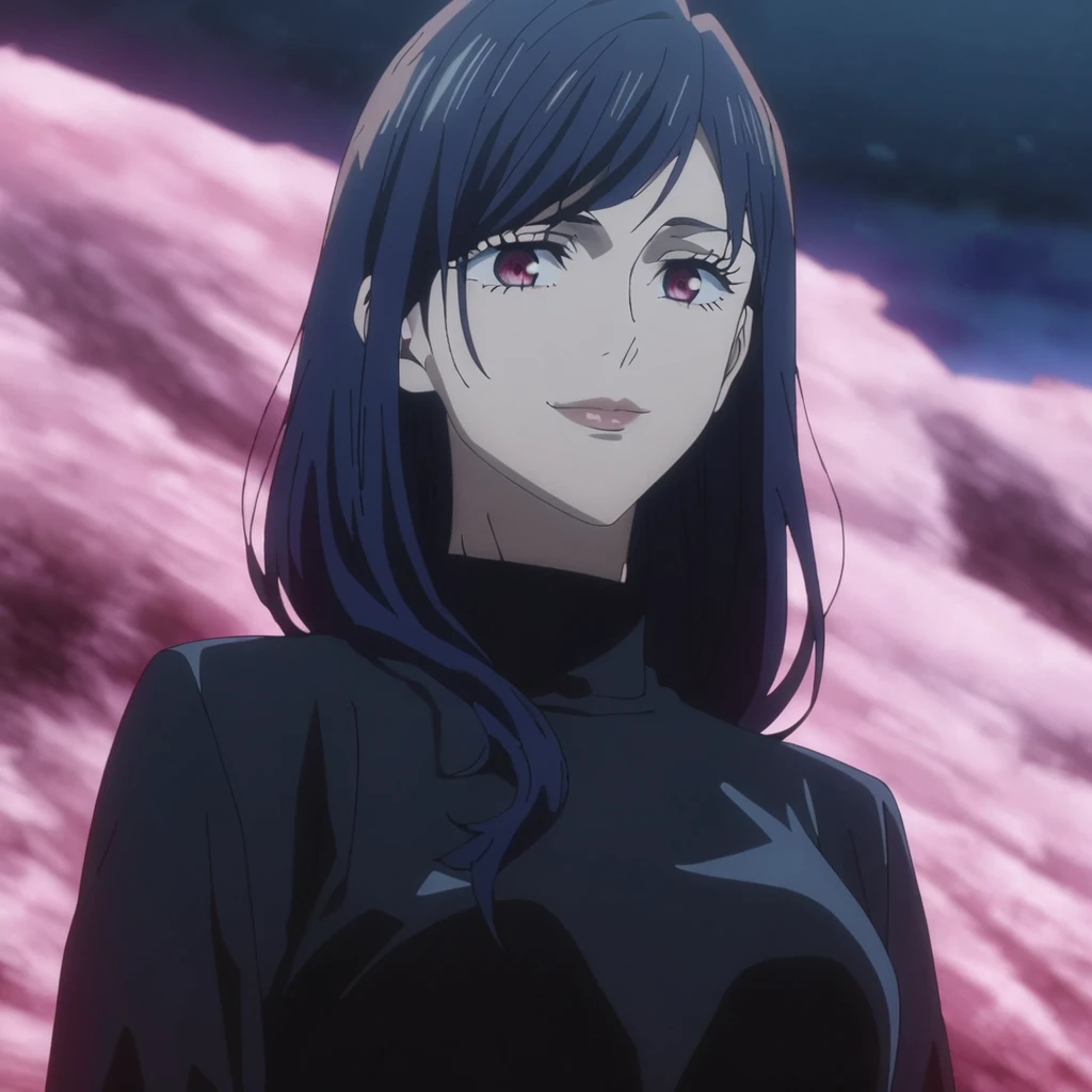 1girl, female gojo satoru, anime screencap from jujutsu kaisen, gojo satoru female version, solo, very long_hair, ((smooth texture hair)) ((red eyes)), ((elegant hairstyle, Dark blue_hair)) night view, breasts, upper_body, smile, bangs, lips ((elegant hairstyle )) wearing black color sweater, breast, "very detailed and high resolution" (red eyes)  ((smooth texture hair)) ((solo)) ((high resolution)) ((upper body)) (Good quality) ,  ((dark blue hair colour))