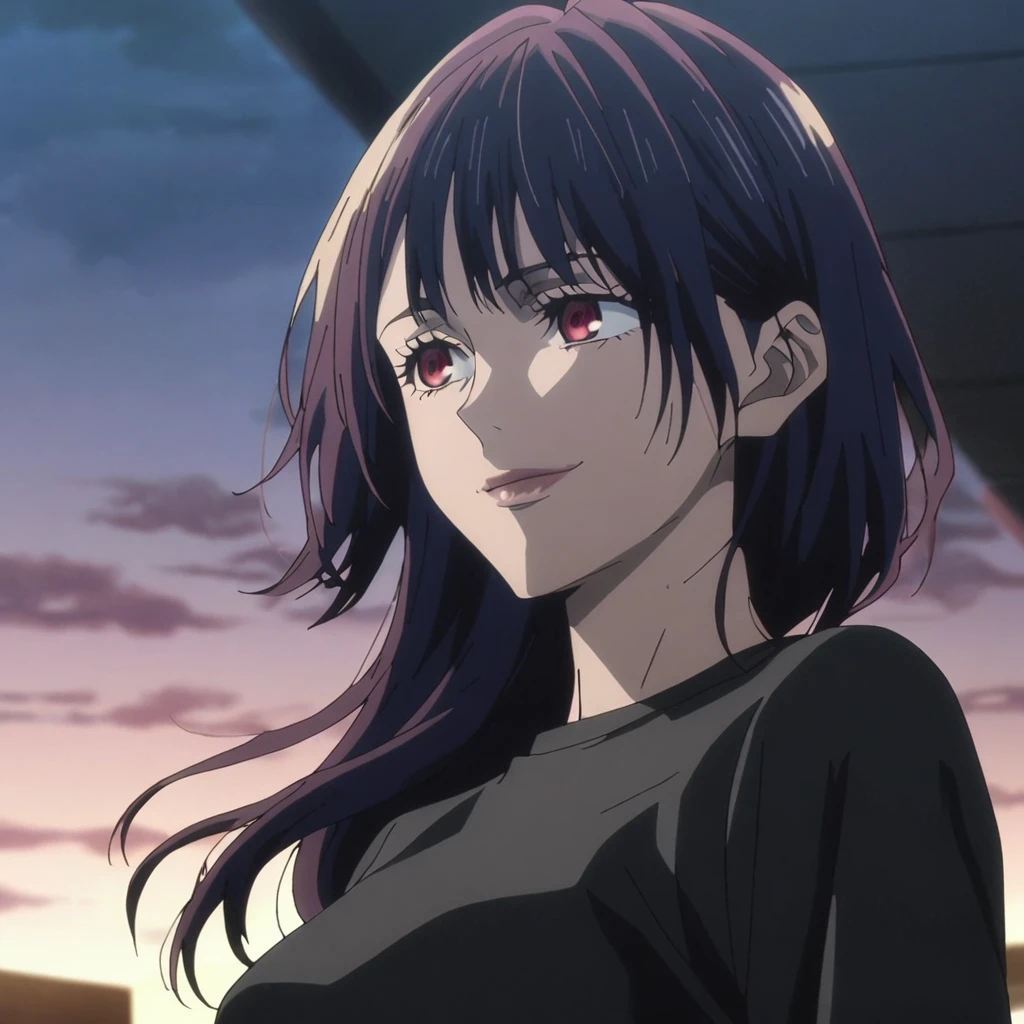 1girl, female gojo satoru, anime screencap from jujutsu kaisen, gojo satoru female version, solo, very long_hair, ((smooth texture hair)) ((red eyes)), ((elegant hairstyle, Dark blue_hair)) night view, breasts, upper_body, smile, bangs, lips ((elegant hairstyle )) wearing black color sweater, breast, "very detailed and high resolution" (red eyes)  ((smooth texture hair)) ((solo)) ((high resolution)) ((upper body)) (Good quality) ,  ((dark blue hair colour))