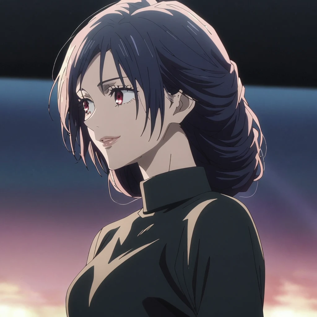 1girl, female gojo satoru, anime screencap from jujutsu kaisen, gojo satoru female version, solo, very long_hair, ((smooth texture hair)) ((red eyes)), ((elegant hairstyle, Dark blue_hair)) night view, breasts, upper_body, smile, bangs, lips ((elegant hairstyle )) wearing black color sweater, breast, "very detailed and high resolution" (red eyes)  ((smooth texture hair)) ((solo)) ((high resolution)) ((upper body)) (Good quality) ,  ((dark blue hair colour))