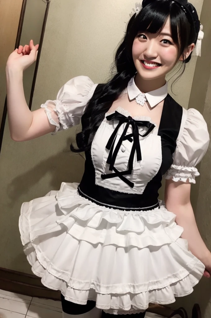 White tights、chest、Black Hair、1 girl、solo girl、had on own chest、smile、maid costume、garter belt,maeshima ami