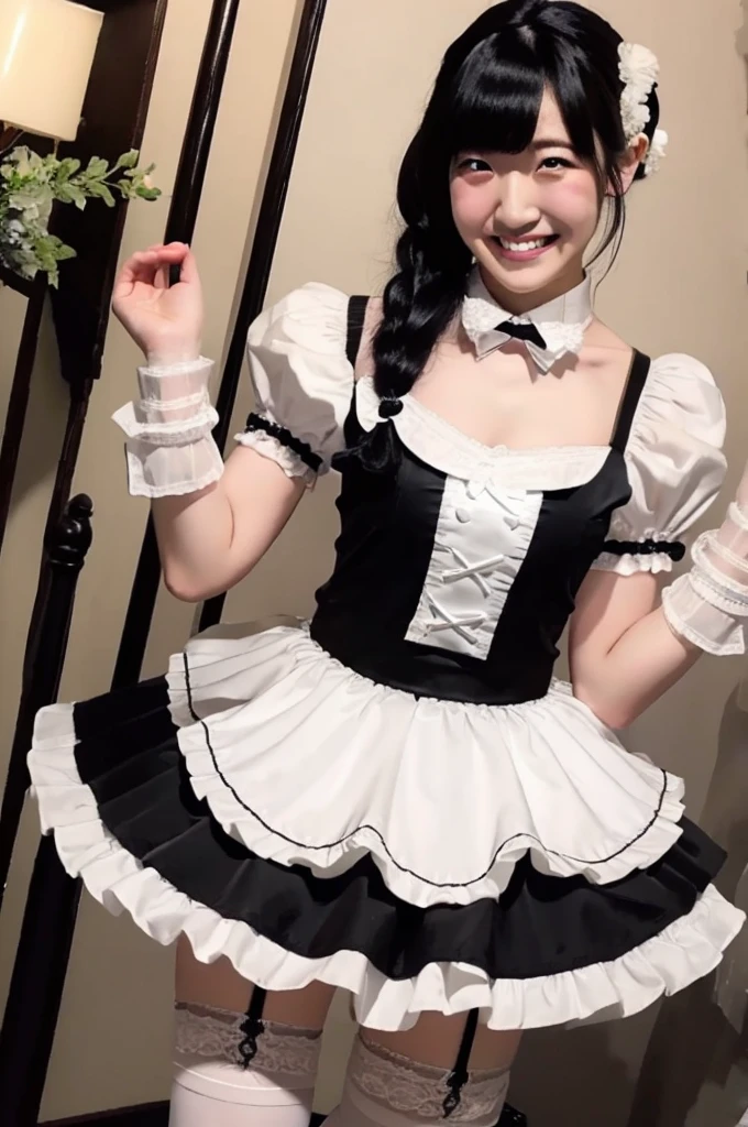 White tights、chest、Black Hair、1 girl、solo girl、had on own chest、smile、maid costume、garter belt,maeshima ami