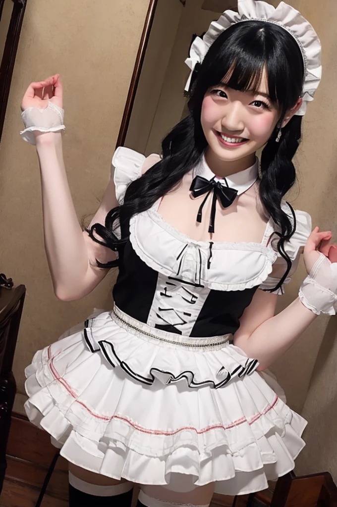 White tights、chest、Black Hair、1 girl、solo girl、had on own chest、smile、maid costume、garter belt,maeshima ami