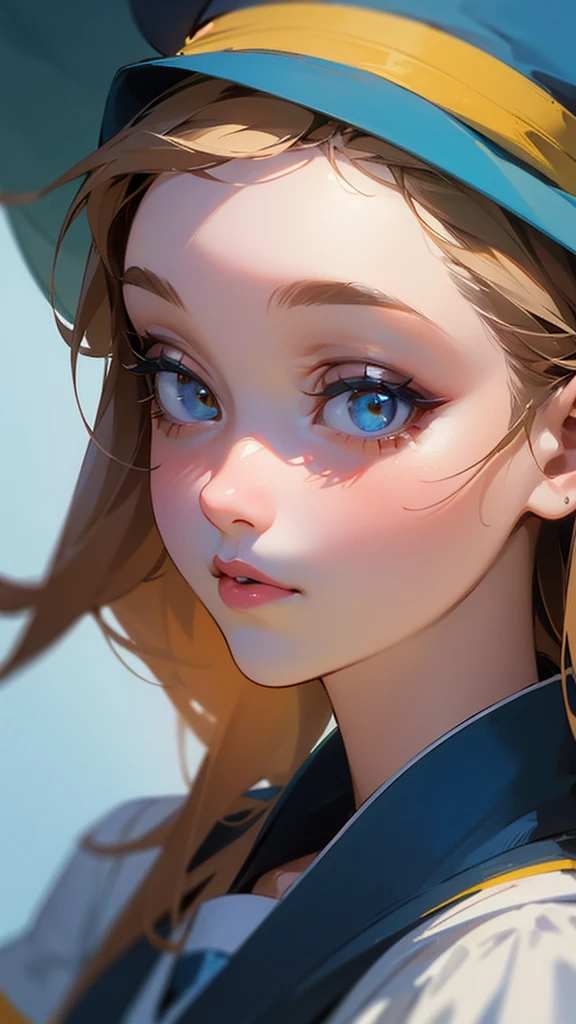 1girl, 17 years old, adorable, 138cm height, , beautiful blue hat with x in the center, striped white and yellow shirt, orange shorts with white trim, detailed face, detailed eyes, detailed lips, long eyelashes, detailed portrait, realistic, photorealistic, masterpiece, 8K, high quality, ultra-detailed, intricate details, beautiful colors, soft lighting, cinemati