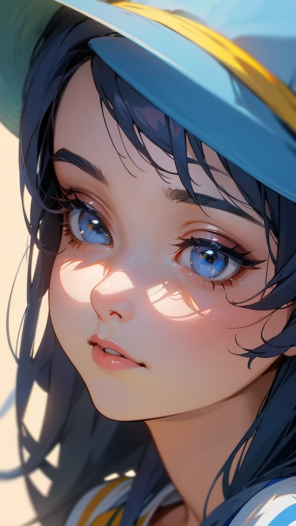 1girl, , adorable, 138cm height, , beautiful blue hat with x in the center, striped white and yellow shirt, orange shorts with white trim, detailed face, detailed eyes, detailed lips, long eyelashes, detailed portrait, realistic, photorealistic, masterpiece, 8K, high quality, ultra-detailed, intricate details, beautiful colors, soft lighting, cinemati