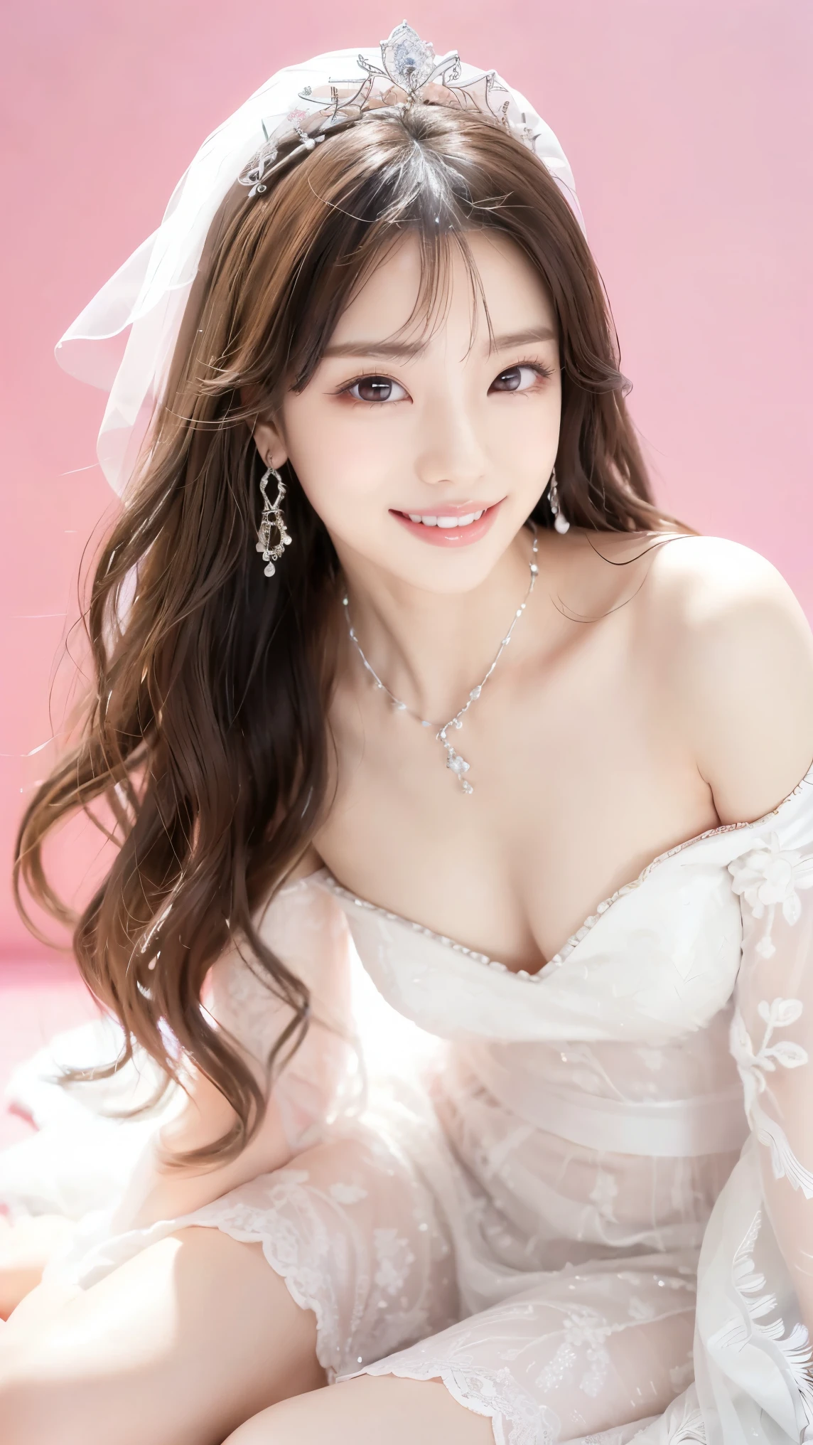 (Highest quality、Tabletop、8K、Best image quality、Award-winning works)、One beautiful bride、(alone:1.1)、(The most extravagant and gorgeous huge pure white wedding dress:1.1)、(Perfect Wedding Lace:1.2)、(The most gorgeous and luxurious giant tiara:1.1)、(The most extravagant and luxurious giant necklace:1.1)、あなたの最高の笑顔で私をplease look、The finest jewellery decoration、Perfect Makeup、Long eyelashes、Ultra HD Shining Eyes、Ultra HD Hair、Ultra-high resolution glossy lips、Ultra High Resolution Perfect Teeth、Super high resolution beautiful face、(Accurate anatomy:1.1)、Very bright and beautiful skin、very bright and vivid、Perfect beautiful bridal hairstyles、(Front facing body:1.1)、(Solid pink background:1.2)、Cleavage、nude、(The 肖像画 was taken from above the lying body: 1.3)、(( M-shaped legs spread, please look )))), (Show me your legs spread wide: 1.5), Real nipples, real open, (女性のマンコ汁がカメラにsquirtしている:1.2), Beautiful 20 year old Japanese girl, Stimulating the clitoris, masturbating and fingering, orgasm, Detailed facial features,(Front view), (squirt from pussy:1.2), (squirt:1.2), Exposing breasts, Realistic nipples