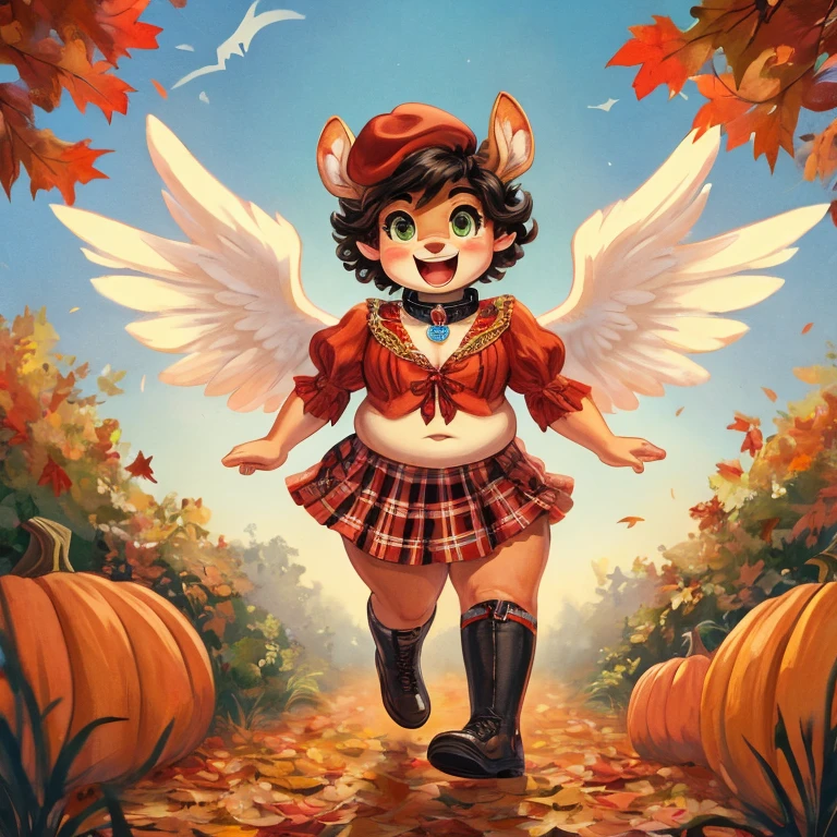 Cute, deer boy, small deer antlers, innocent, chubby, fat, big thighs, androgynous, femboy, short curly hair, black hair, fawn spots, freakles, ((cute)), smiling, wearing cottage core outfit, pastel color scheme, young, cartoony, adorable, deer tail, moss green eyes, angel wings, dynamic pose, excited pose, energetic pose, happy pose, autumn, fallen leaves, autumn colors, walking through a pumpkin patch during autumn, pumpkins, orange leaves, Halloween decorations, wearing a vintage-inspired blouse with a peter pan collar in a soft beige or cream with High-waisted A-line skirt in a plaid pattern and Oxford shoes in a classic brown along with a beret and vintage-style brooch,