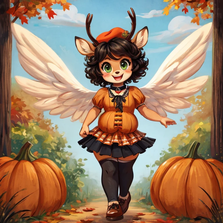 Cute, deer boy, small deer antlers, innocent, chubby, fat, big thighs, androgynous, femboy, short curly hair, black hair, fawn spots, freakles, ((cute)), smiling, wearing cottage core outfit, pastel color scheme, young, cartoony, adorable, deer tail, moss green eyes, angel wings, dynamic pose, excited pose, energetic pose, happy pose, autumn, fallen leaves, autumn colors, walking through a pumpkin patch during autumn, pumpkins, orange leaves, Halloween decorations, wearing a vintage-inspired blouse with a peter pan collar in a soft beige or cream with High-waisted A-line skirt in a plaid pattern and Oxford shoes in a classic brown along with a beret and vintage-style brooch,