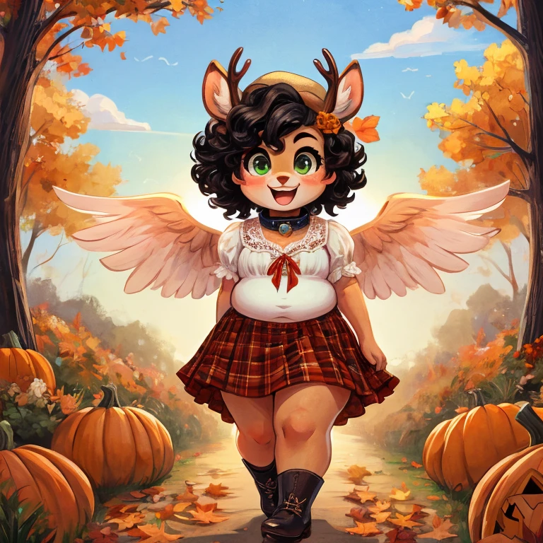 Cute, deer boy, small deer antlers, innocent, chubby, fat, big thighs, androgynous, femboy, short curly hair, black hair, fawn spots, freakles, ((cute)), smiling, wearing cottage core outfit, pastel color scheme, young, cartoony, adorable, deer tail, moss green eyes, angel wings, dynamic pose, excited pose, energetic pose, happy pose, autumn, fallen leaves, autumn colors, walking through a pumpkin patch during autumn, pumpkins, orange leaves, Halloween decorations, wearing a vintage-inspired blouse with a peter pan collar in a soft beige or cream with High-waisted A-line skirt in a plaid pattern and Oxford shoes in a classic brown along with a beret and vintage-style brooch,