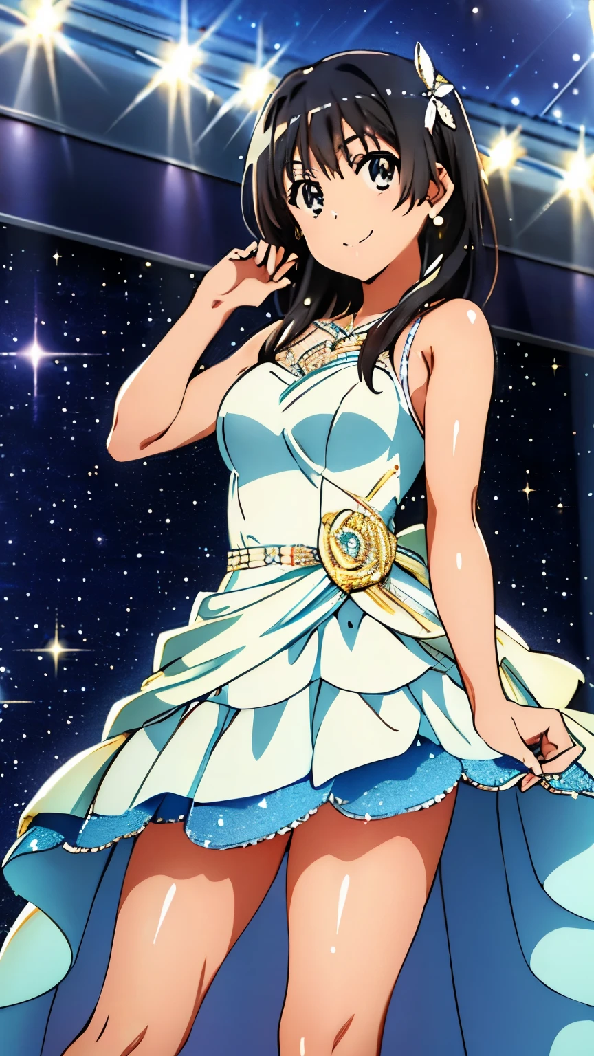 pixel perfect, Perfect in every detail, alone, 1 girl, Saten Ruiko, medium breasts,(sparkly dress, shiny dress, thighs), smile, stylish pose, stylish angle, looking at the viewer, in the center of the image,