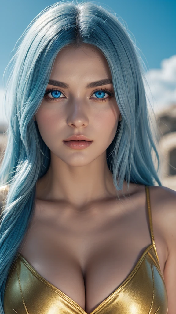 ((masterpiece)), ((best quality)), ((extremely detailed)), ((extremely intricate)), (perfect anatomy), (perfect composition), high-res, absurdres, realistic:3, prefect lighting, extremely beautiful, incredibly detailed hairline, uncreditable quality, 1girl, juna doma, looking at viewer, matured, blue hair, long hair, blue eyes, hair flower, eyebrows visible through hair, detached sleeves, cleavage, detailed eyes description, octane rendering, huge file size, colorful contrast.