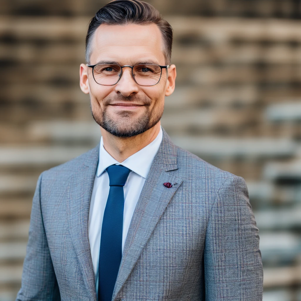 a man in a suit and tie posing for a picture, a stock photo, shutterstock, highly detailed photo of happy, spectacled, zdzisław, frontal portrait of a young