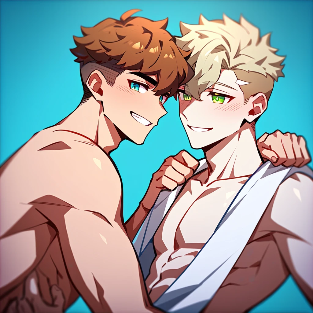 2 young men, focus man , Yaoi, pair,smile, human, short hair, reddish brown hair, Orange-green eyes,  elf,golden hair, Undercut style, light green eyes , Fantasy, The best aesthetics , best quality, Amazing quality, The best aesthetics,Not wearing a shirt, naked,  penis, have sex , naked, 25+
