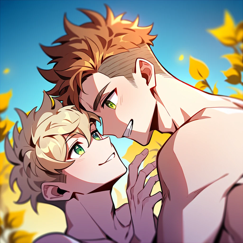 two anime characters with light skin. The first character has short, light brown hair., green eyes, naked big breasts. He has deer antlers on his head and is holding and eating a cake. The second character is a man, he has short hair., naked and is hugging the first character from behind with a happy expression, he is putting his penis in