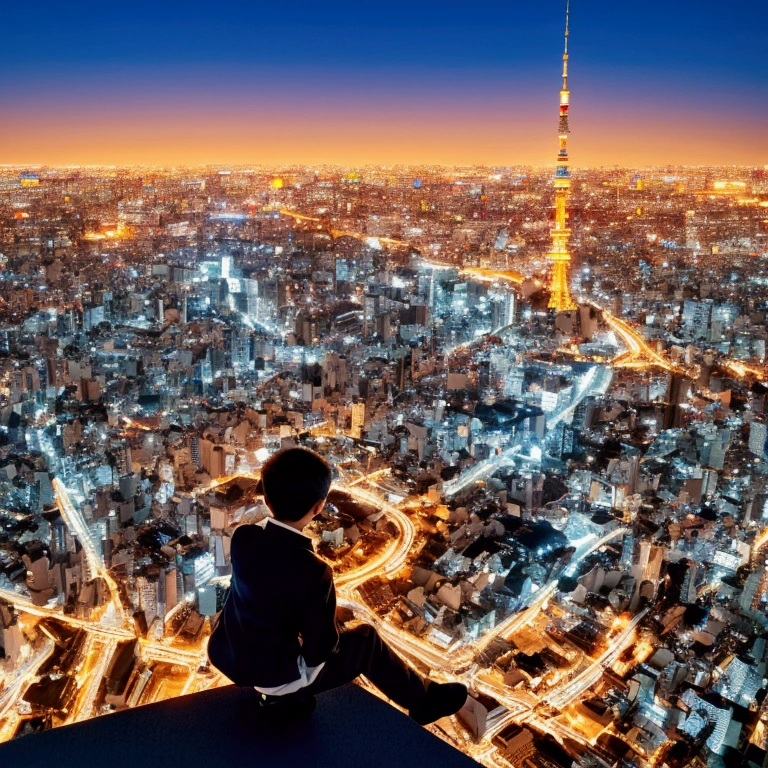 a young boy sitting on a flying keyboard, tokyo cityscape, 1970s vintage style, frutiger aero aesthetic, highly detailed, photorealistic, cinematic, dramatic lighting, vibrant colors, award winning 3d art