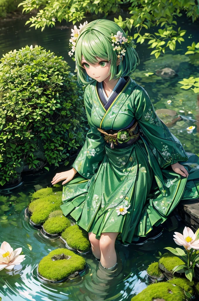 A Japanese girl sitting on green rock surface putting her legs in water and surrounded with full of green trees and flowers, camera view from far, detailed girl, detailed face, detailed dress, detailed water, detailed trees, detailed flowers, detailed duck, detailed rock, best quality, highly detailed, masterpiece, 8k scene.