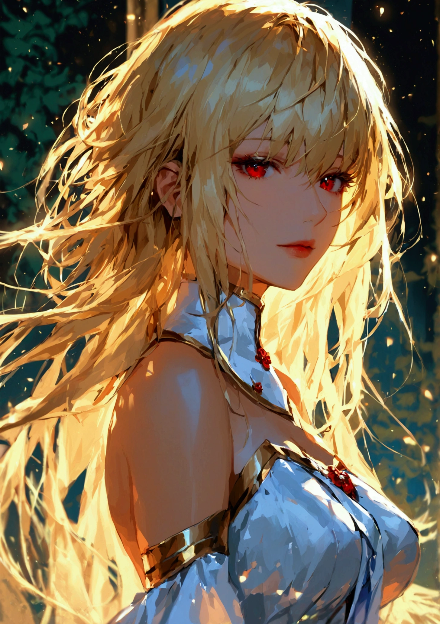 an anime style illustration of a woman with flowing blonde hair in a white dress, arcueid brunestud, 1girl, breasts, red eyes, long hair, solo, blonde hair, bare shoulders, cleavage, gloves, dress, bangs, detached collar, detached sleeves, large breasts, looking at viewer, long skirt, very long hair, strapless, arcueid