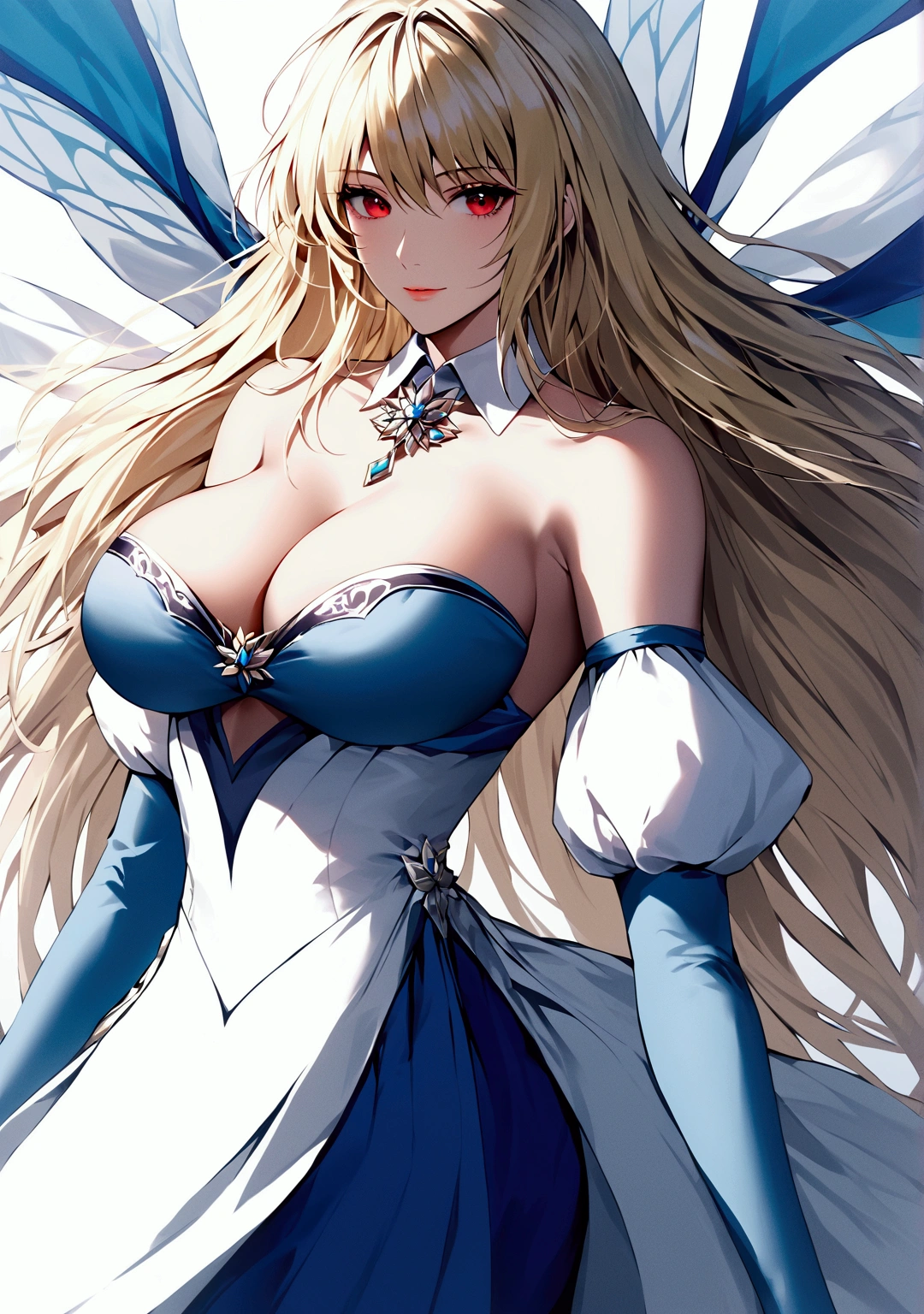 an anime style illustration of a woman with flowing blonde hair in a white dress, arcueid brunestud, 1girl, breasts, red eyes, long hair, solo, blonde hair, bare shoulders, cleavage, gloves, dress, bangs, detached collar, detached sleeves, large breasts, looking at viewer, long skirt, very long hair, strapless, arcueid