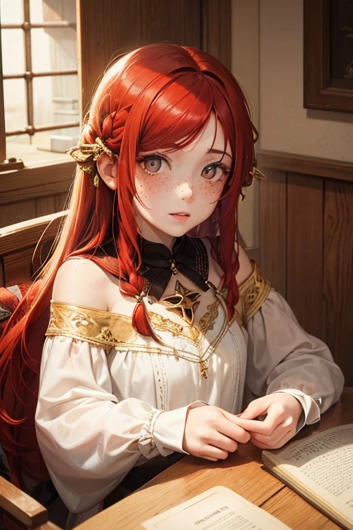1 23 year old girl,fair skin with freckles on the face , with long red hair, gold eyes/ yellow with cat&#39;s pupil , wearing a small, delicate blue choker and a short leather jacket, on a dark background, mocking facial squeezing