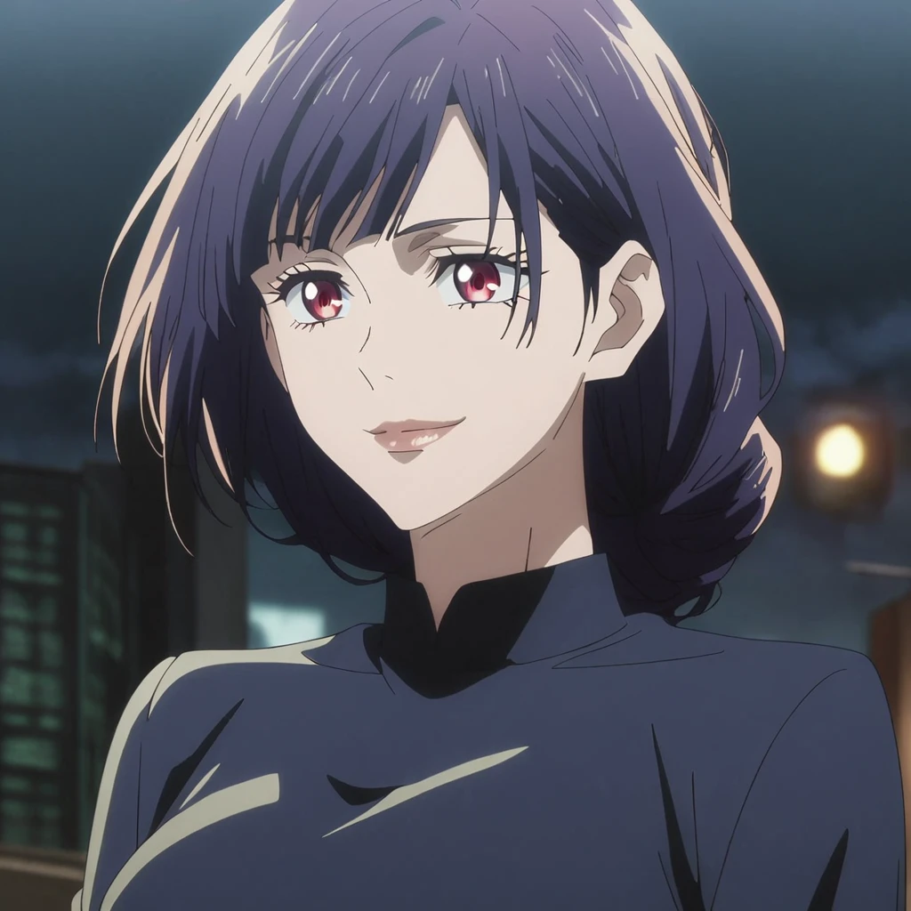 1girl, female gojo satoru, anime screencap from jujutsu kaisen, gojo satoru female version, solo, very long_hair, ((smooth texture hair)) ((red eyes)), ((elegant hairstyle, Dark blue_hair, side nangs)) night view, breasts, upper_body, smile, bangs, lips ((elegant hairstyle, side bangs )) wearing black color sweater, breast, "very detailed and high resolution" (red eyes)  ((smooth texture hair)) ((solo)) ((high resolution)) ((upper body)) (Good quality) ,  ((dark blue hair colour))