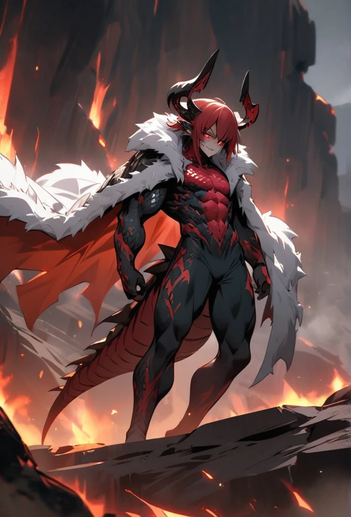 (High resolution, best quality, masterpiece), detailed, ultra detail, 1male, physically fit, muscular body, fierce expression, red eyes, (detailed eyes), redhair, short length hair, full body, ((dragon horns)), ((face: dragon scales)), face covered in scales, ((topwear: fur lined coat, bottomwear: tight jeans)), volcanic background, part draconic, somber expression, inhuman, reptilian skin