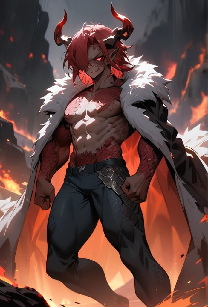 (High resolution, best quality, masterpiece), detailed, ultra detail, 1male, physically fit, muscular body, fierce expression, red eyes, (detailed eyes), redhair, short length hair, full body, ((dragon horns)), ((face: dragon scales)), face covered in scales, ((topwear: fur lined coat, bottomwear: tight jeans)), volcanic background, part draconic, somber expression, inhuman, reptilian skin