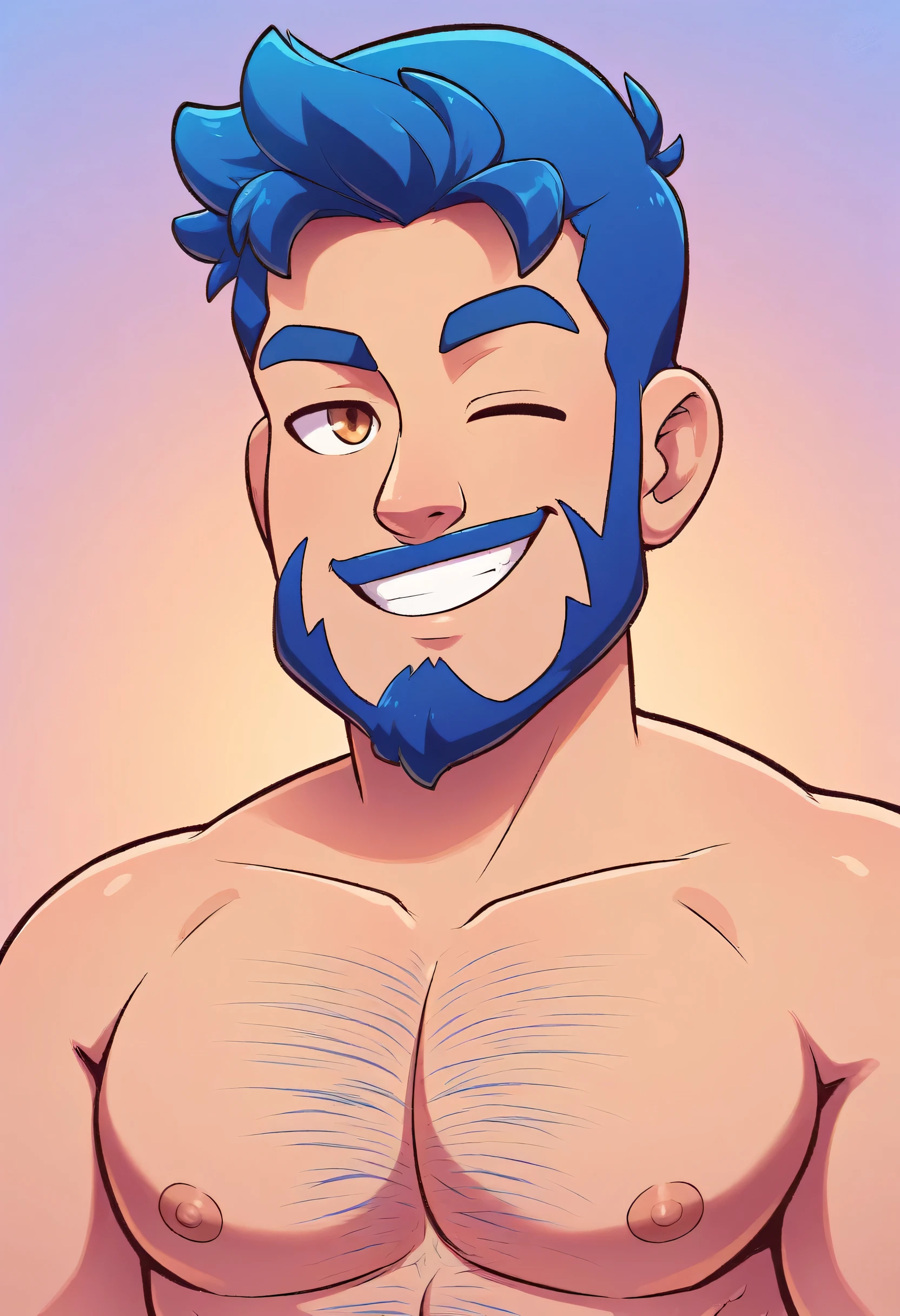 (resting on fruits) (Best Quality, 4k, 8k, high resolution, Masterpiece: 1.2), ultra detailed, Male portrait, medium closeup, very detailed face, detailed facial features, spectacular lighting, close-up, from above, anatomically correct, super detail, full blue beard and short blue hair, smile, wink, hairy chest.