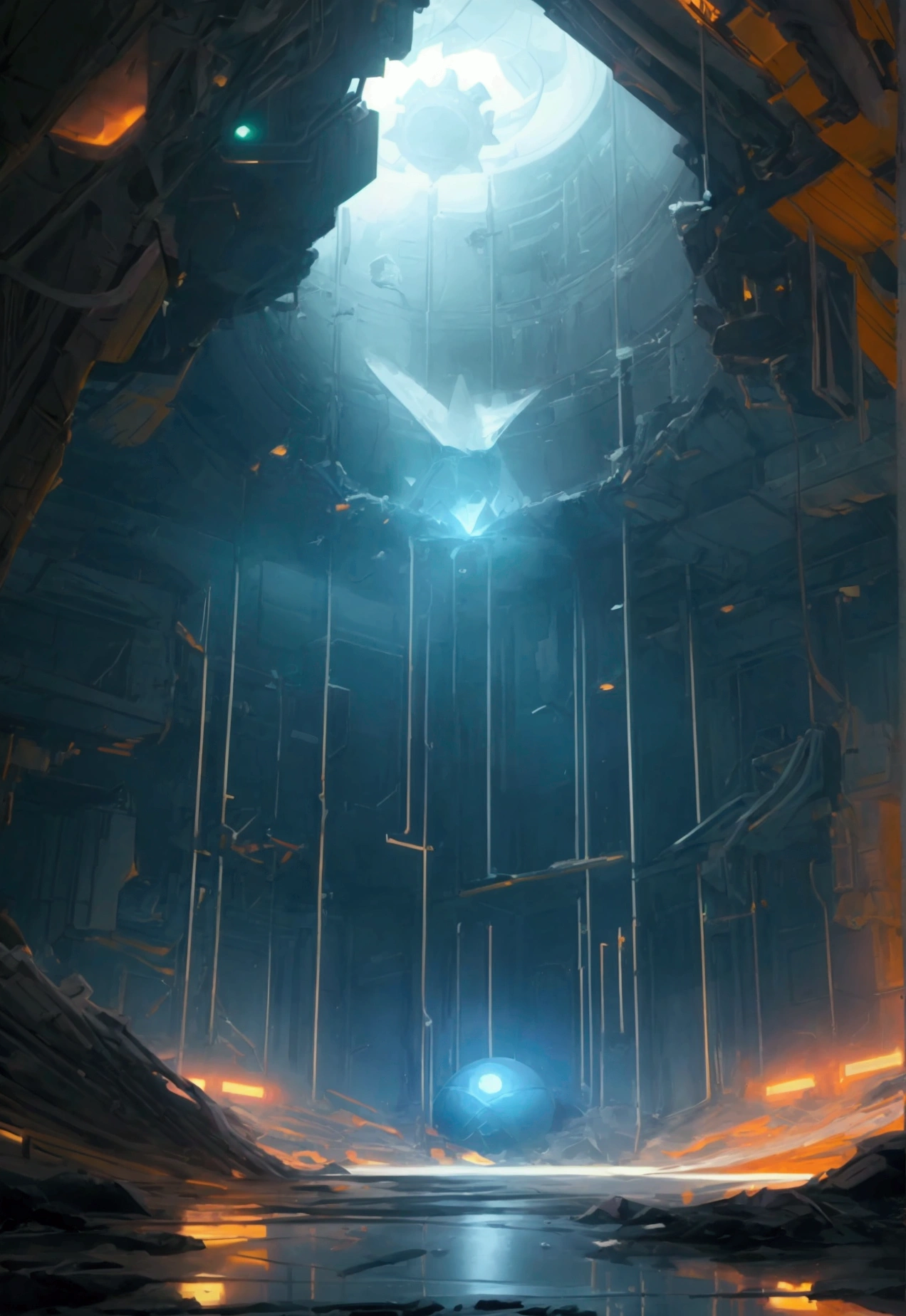 An alien spacecraft crashed，The interior of the spacecraft is a dome space，About 5 stories high，Like a sky，Due to the fall, some parts were broken and sparks appeared.，There are a lot of grid-shaped spaces on the wall，The grid is filled with crystals of different sizes.，Create a welcoming atmosphere。This is a sci-fi、Surreal、Cold space 