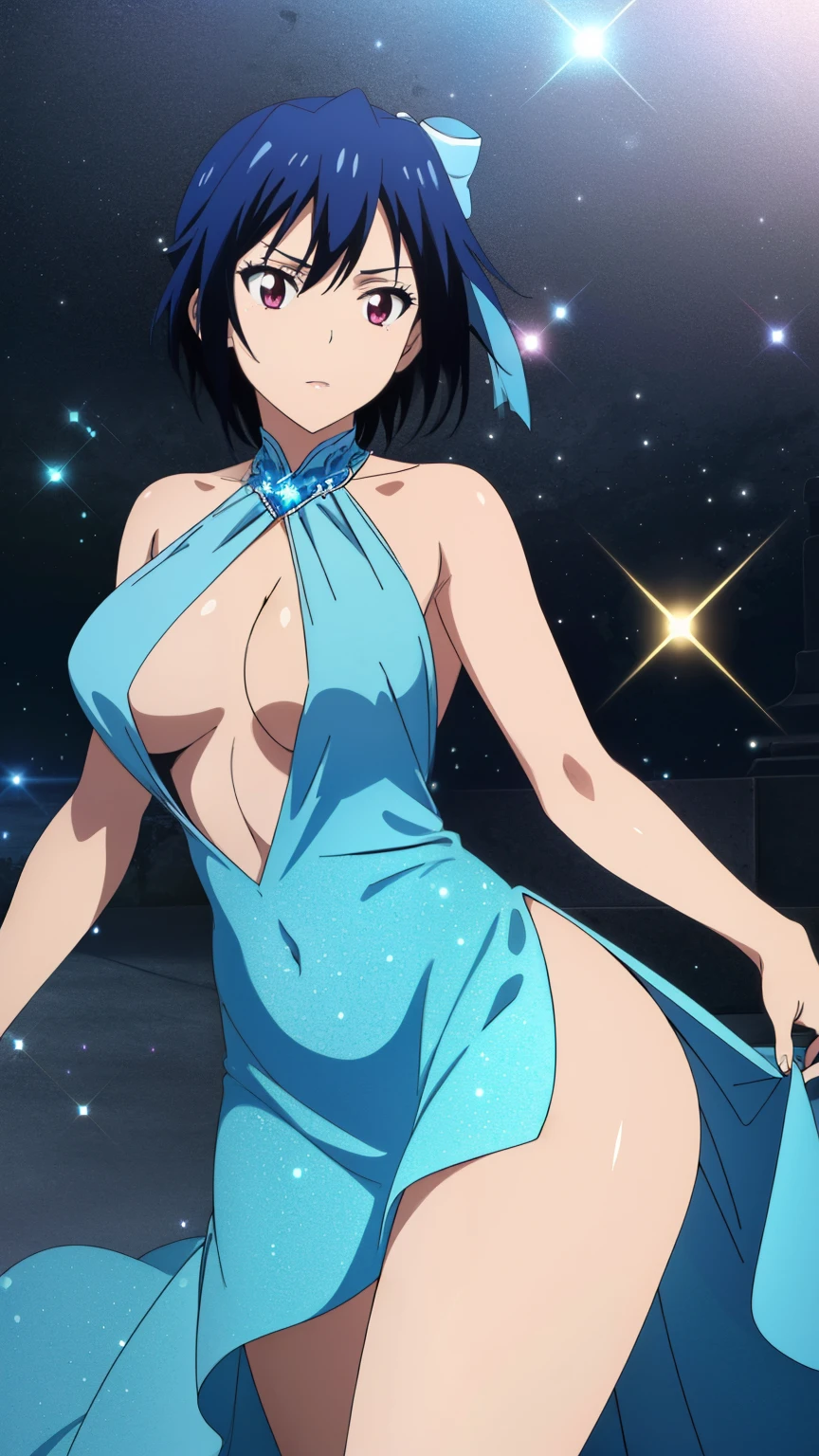 (Best Quality, 8K, High Resolution, Masterpiece: 1.2), High Definition, Anime Art Style, Anime Color, Solo, Girl, (Sparkly dress, Shiny dress, Thighs), Large Medium Tits, Solo, Stylish Pose, Stylish Angle, Viewing Cowboy shot in the center of the image,