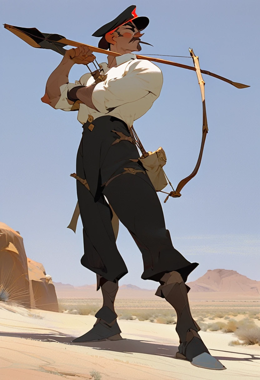score_9, score_8_up, score_7_up, score_6_up, score_5_up, score_4_up, 1man, Western, dueling, Desert, red sun, scorching sun, arid, Horizon, far away, Brown wavy hair, strong Body, white dress shirt with, black suspender,black pants patched, Beret, big franch mustache, Arrogant, young adult, Muscular, full body, Holding a bow and arrow, Farm in the desert, Stable