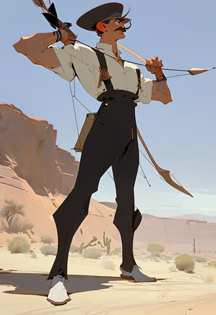 score_9, score_8_up, score_7_up, score_6_up, score_5_up, score_4_up, 1man, Western, dueling, Desert, red sun, scorching sun, arid, Horizon, far away, Brown wavy hair, strong Body, white dress shirt with, black suspender,black pants patched, Beret, big franch mustache, Arrogant, young adult, Muscular, full body, Holding a bow and arrow, Farm in the desert, Stable