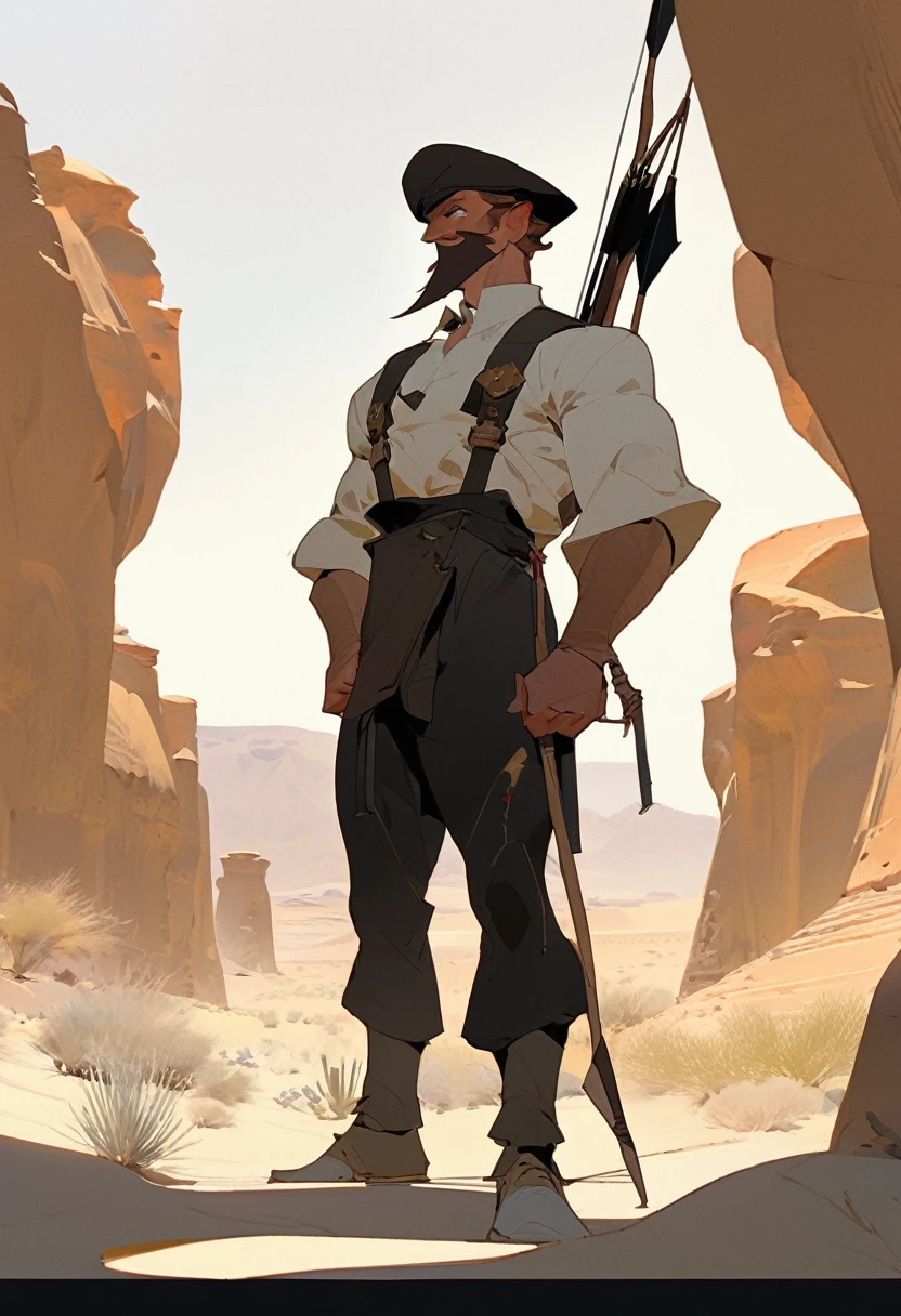 score_9, score_8_up, score_7_up, score_6_up, score_5_up, score_4_up, 1man, Western, dueling, Desert, red sun, scorching sun, arid, Horizon, far away, Brown wavy hair, strong Body, white dress shirt with, black suspender,black pants patched, Beret, big franch mustache, Arrogant,  adult, Muscular, full body, Holding a bow and arrow, Farm in the desert, Stable