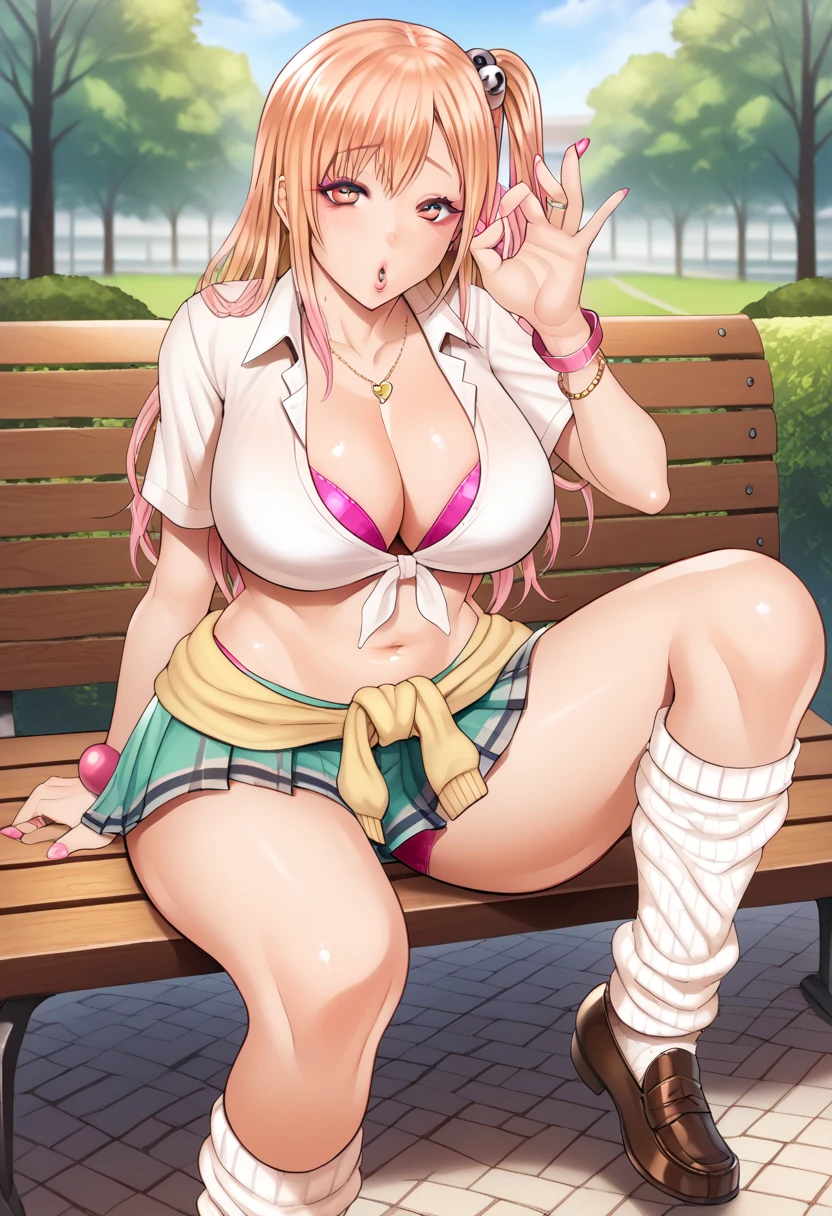 Score_9, score_8_up, score_7_up, score_6_up, source_anime, (honoka\(DOA\)), gyaru, slutty_clothes, sitting on bench, (knee up), cowboy shot, fellatio gesture, heart, 1girl, solo, looking at viewer, blush, parted lips, gyaru, front-tie top, pleated skirt, green skirt, white leg warmers, loose socks, loafers, clothes around waist, bracelet, curvy, voluptuous, large breasts, cleavage, midriff, outdoors, park, on bench, day, tree,