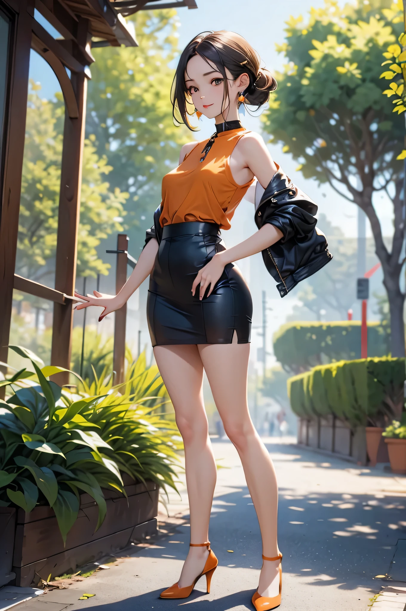 NSFW,(Natural finger shape:1.5),((Full Body Shot,Including face)),Standing position,4K,masterpiece,((Focus on the face)),((Symmetrical facial features)),Eye for detailed depiction,Beautiful woman,Excellent style,Beautiful feet,(Small Ass,Thin thighs),(stockings,High heels),Facial detailing,Small earrings,Low angle photo,((Orange enamel sleeveless,Enamel skirt)),Running in a park with lush greenery early in the morning,blue blonde,