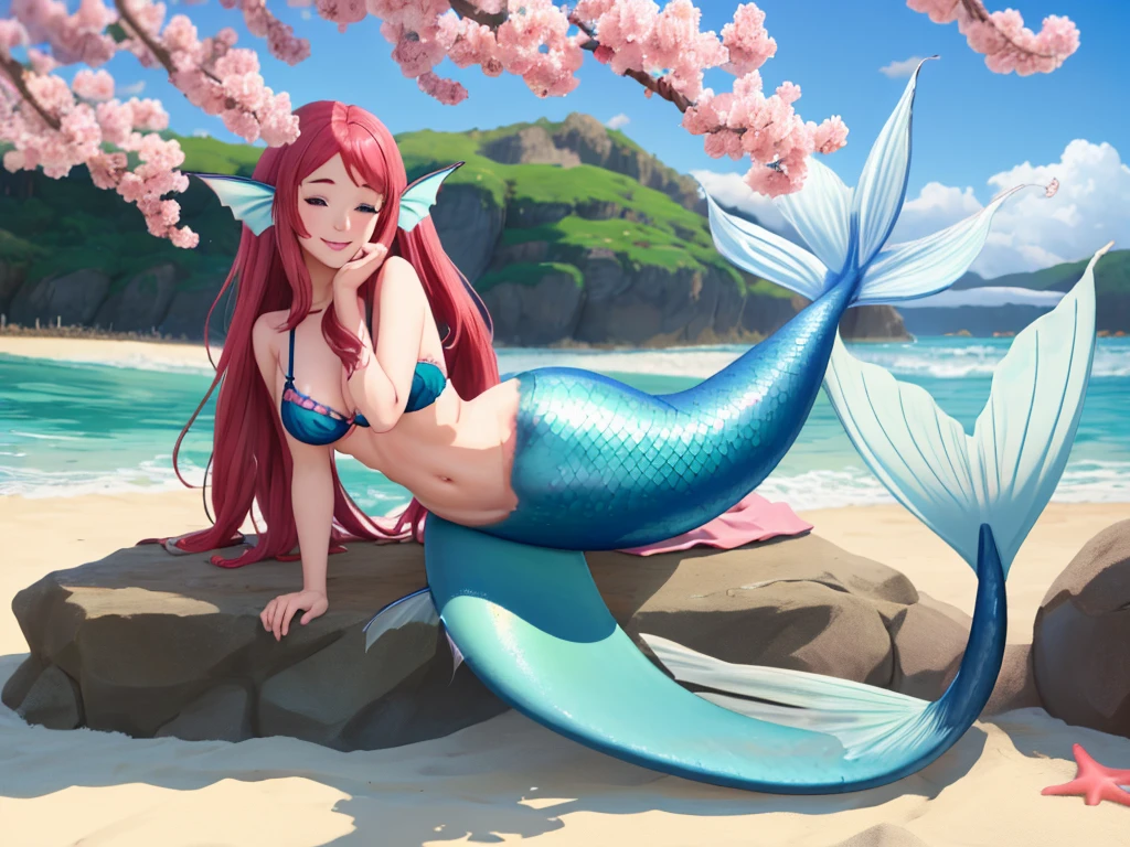 masterpiece, best quality:1.2), 1girl, smile, looking at viewer, blue eyes, sakura minamoto, ahoge, mermaid, blue mermaid tail, laying on beach, fin ears, head fins, seashell bra, under cherry blossoms