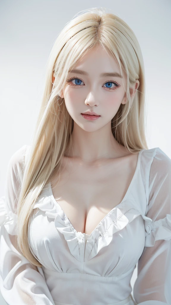 (((White Blonde、forehead、White background、Frilled blouse、round face、Northern Europe、Russia、)))、Beautiful and fair、Glowing Skin, 3 Up, nice, bright, Refreshing and gentle look, Perfect beautiful face、White Blondeのロングヘア，Beautiful shiny bangs, Very beautiful girl, eyeliner, So perfect and beautiful、Lovely large, clear, sky-blue eyes，Very large breastuscular body，