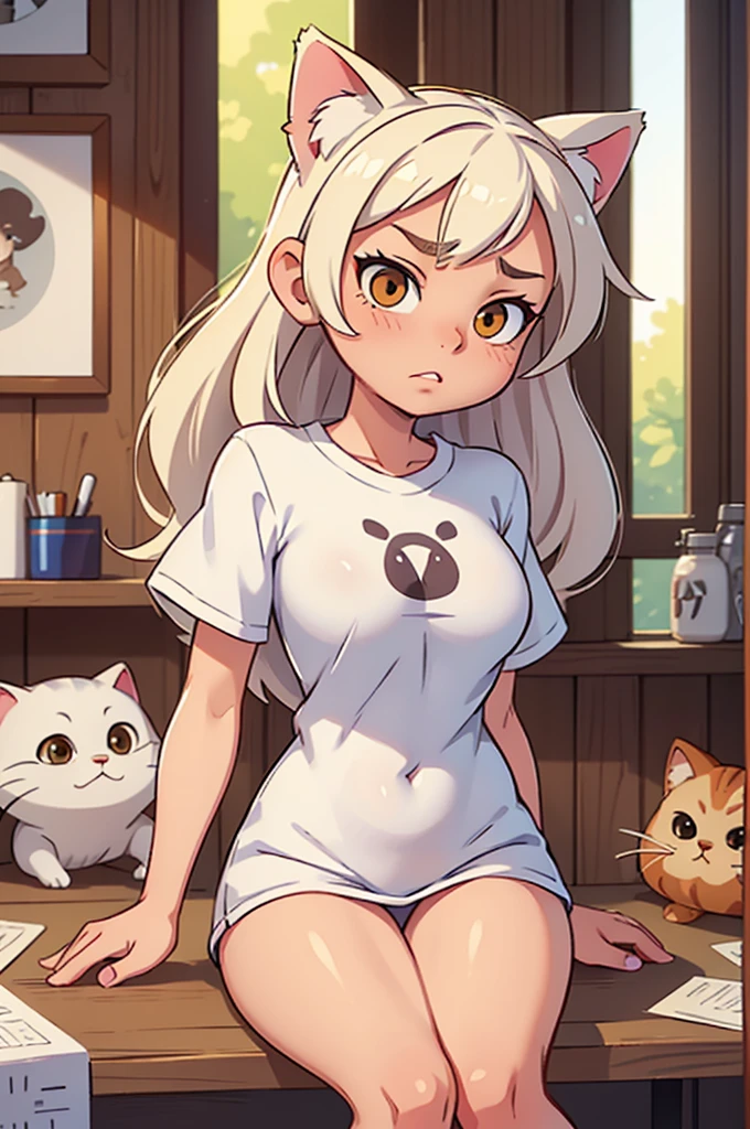 1 female, small  cat girl, realistic lips oversized white t-shirt going all the way to the thighs, arms crossed propping up breast, hourglass figure, white eyes, flowy hair, wite hair, annoyed, cat ears, in a cabin, best quality