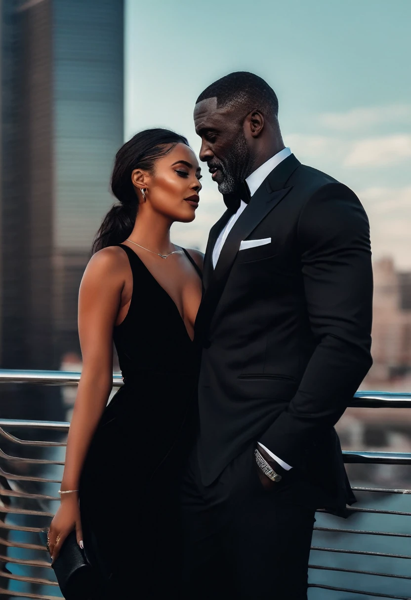 a woman in a black suit and a man in a black tuxedo, alena aenami and Idris Elba, an elegant Couple, beautiful city alone black woman, lovely Couple, Dark skin, anato finnstark and alena aenami, photorealistic perfect body, Ebony, ( ( Dark skin ) ), sharp black skin, Couples portrait, Couple, Couple pose